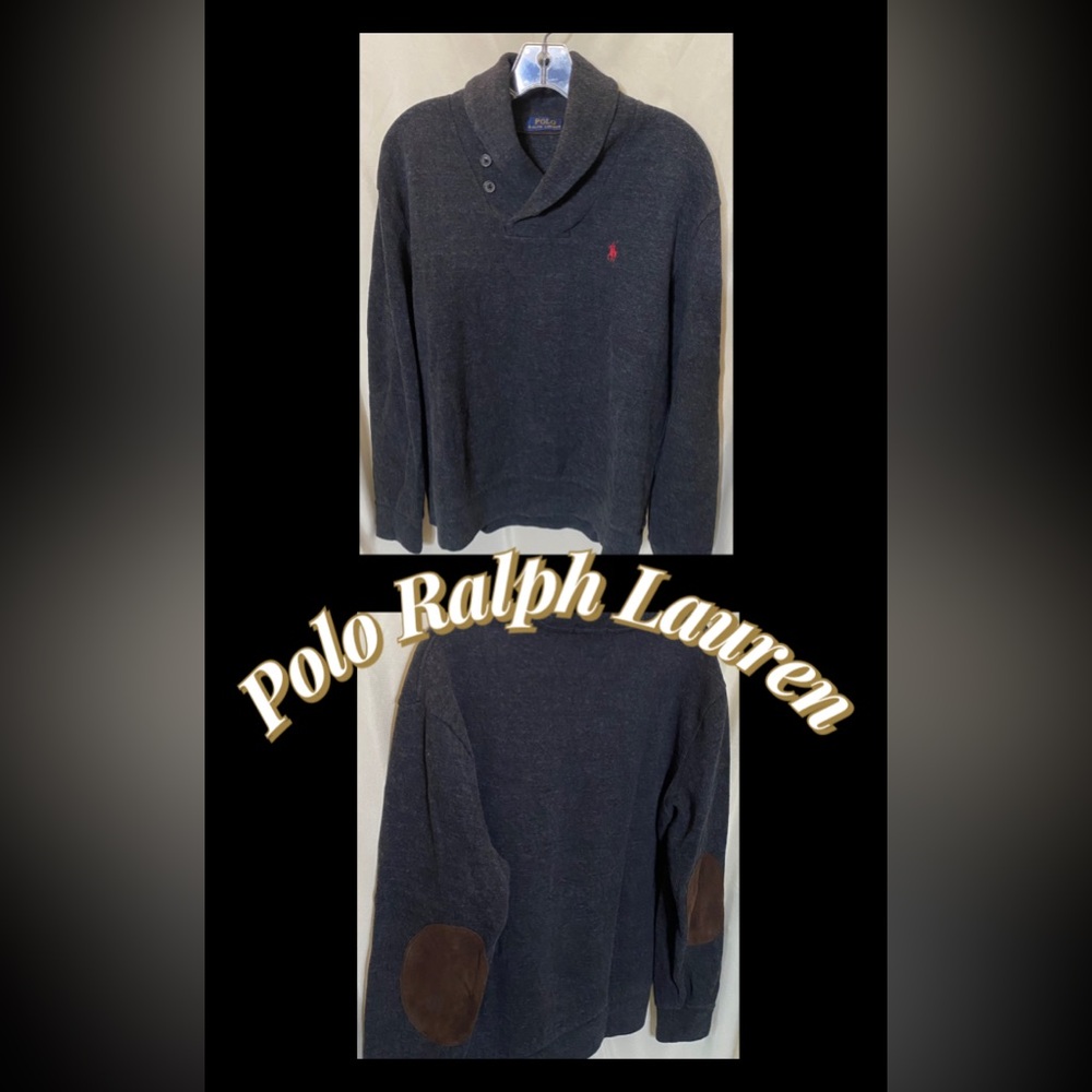 Vintage Polo Ralph Lauren Shawl Collar Pullover Cotton Sweater w/ Elbow Patches